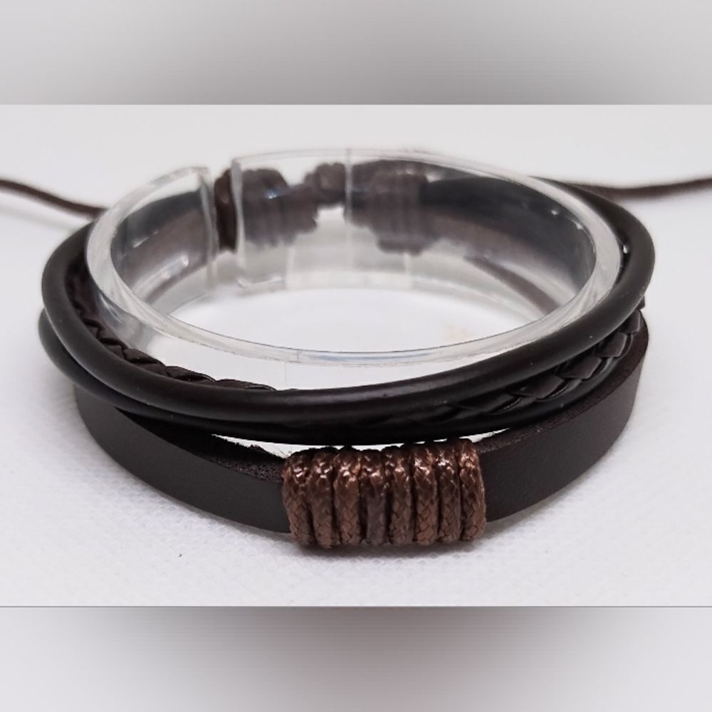 Men's leather bracelet layered black new e50